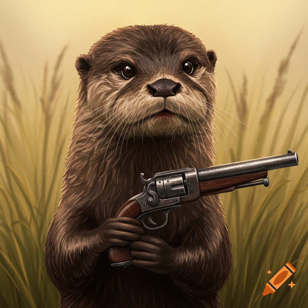 Illustration of an otter holding a handgun in a field.