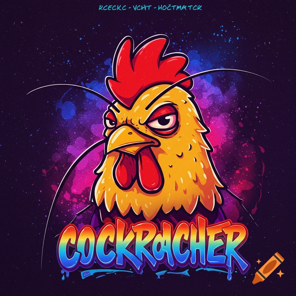 Stylized angry cartoon chicken head with colorful COCKRACHER text below on a dark, paint-splattered background, like album art.