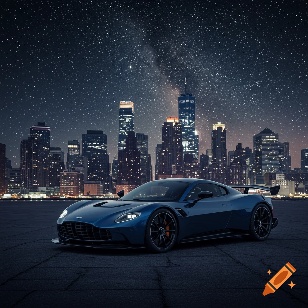 Dark blue Aston Martin Valkyrie F1 car in dark New York City at night with stars