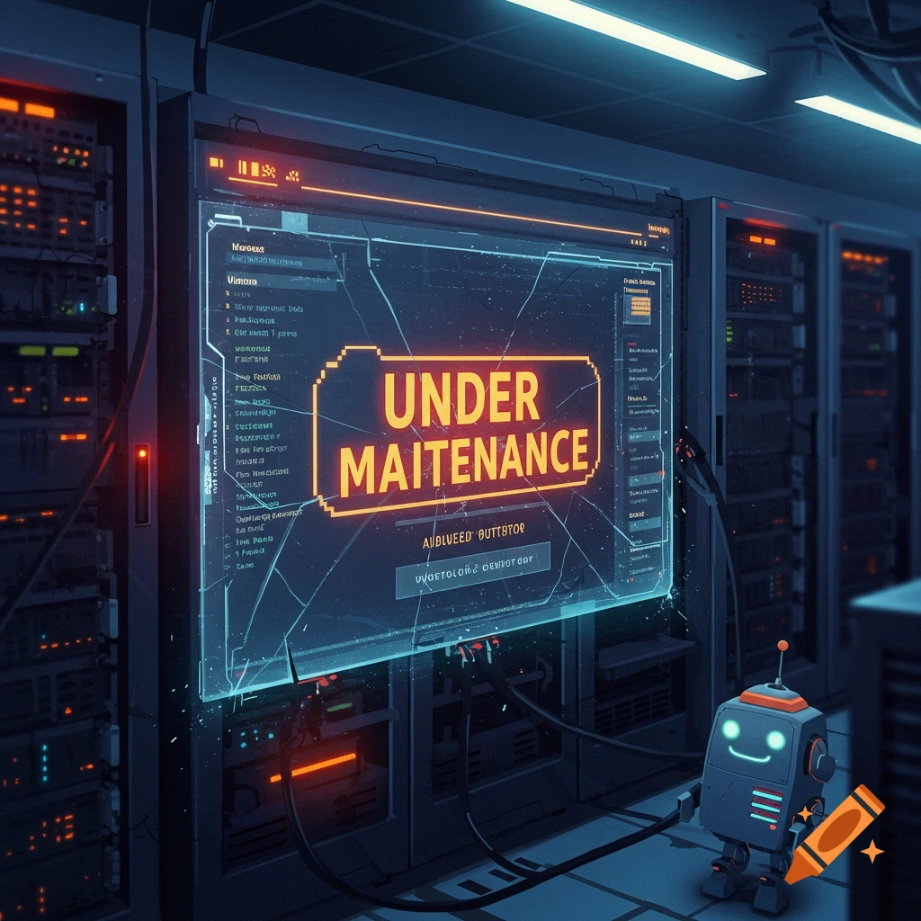 Website under maintenance notice or graphic design element for a website maintenance page, indicating a temporary service interruption for updates or repairs. The style is modern and minimalist with a focus on functionality over elaborate design, often incorporating simple graphics and clear typography to inform users of the situation and expected resolution time. It's designed to reassure users and maintain brand trust during downtime.