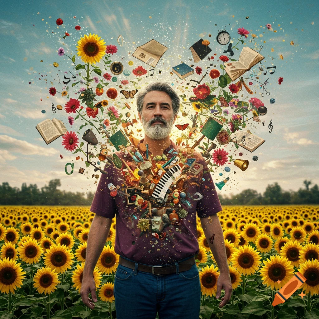 Man in sunflower field with objects bursting from chest.