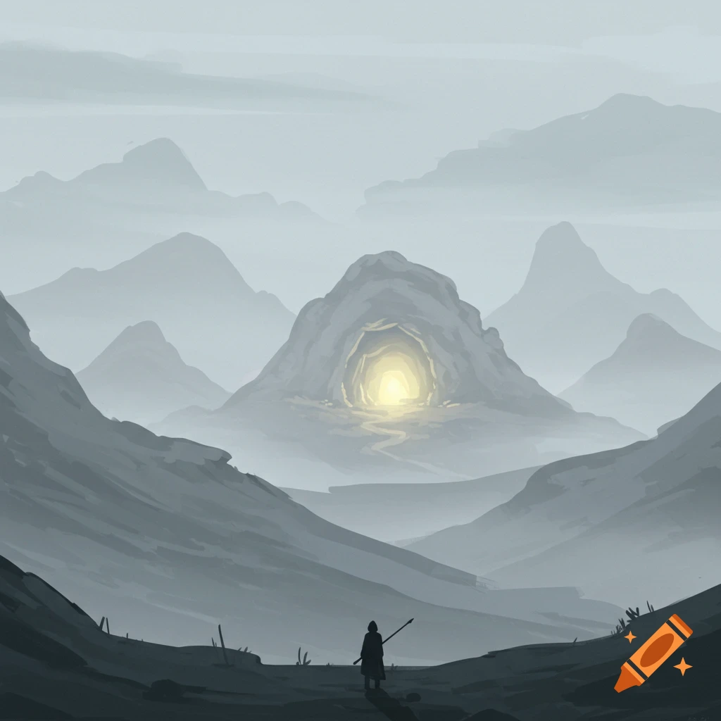 Stylized painting of a figure looking at a glowing cave in misty mountains.