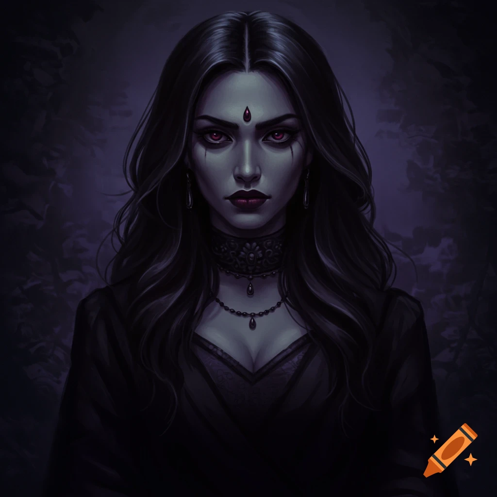 Portrait of a dark fantasy woman with red eyes and dark hair in a moody setting.