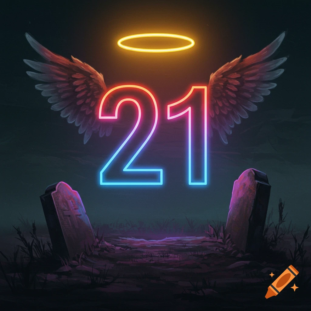 Neon number 21 with angel wings, halo, and gravestones in a dark landscape.