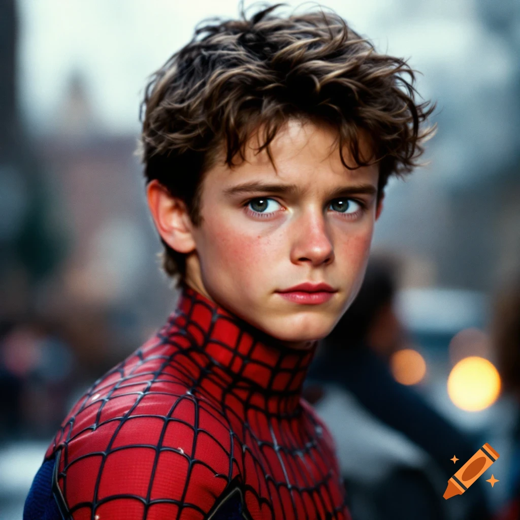 A young person in a Spider-Man costume looks intently.