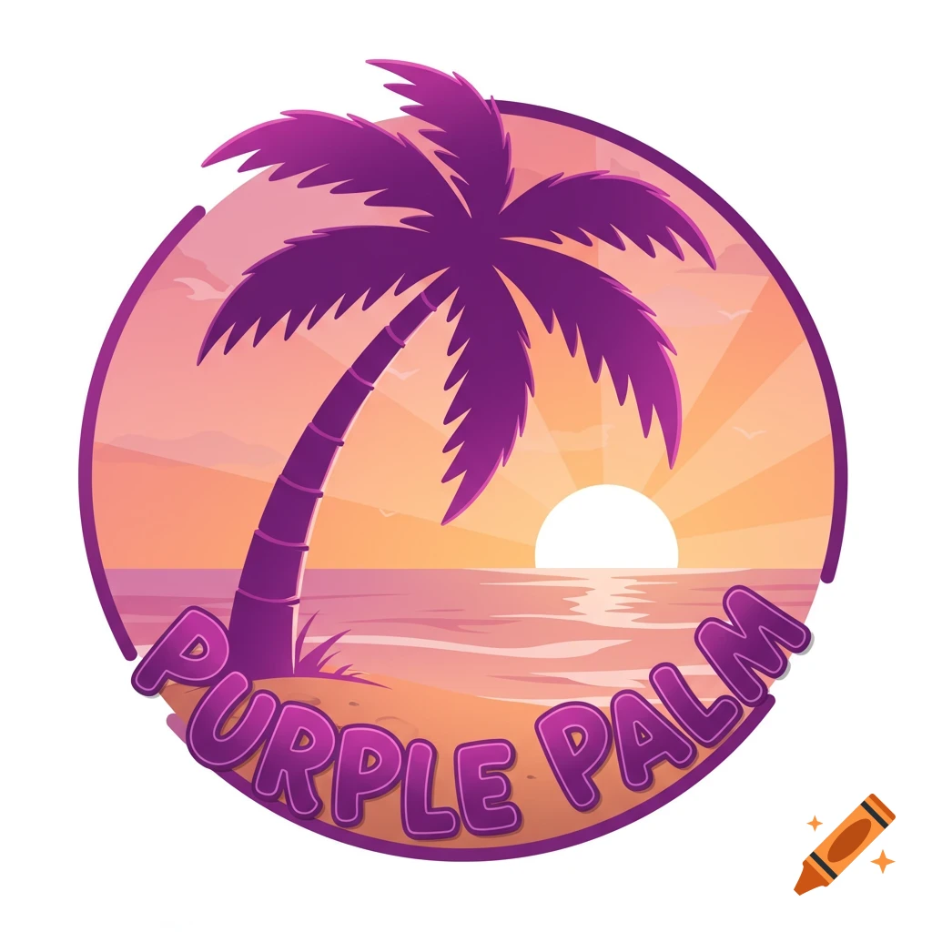 Stylized logo of a purple palm tree on a beach with a sunset, text reads PURPLE PALM.