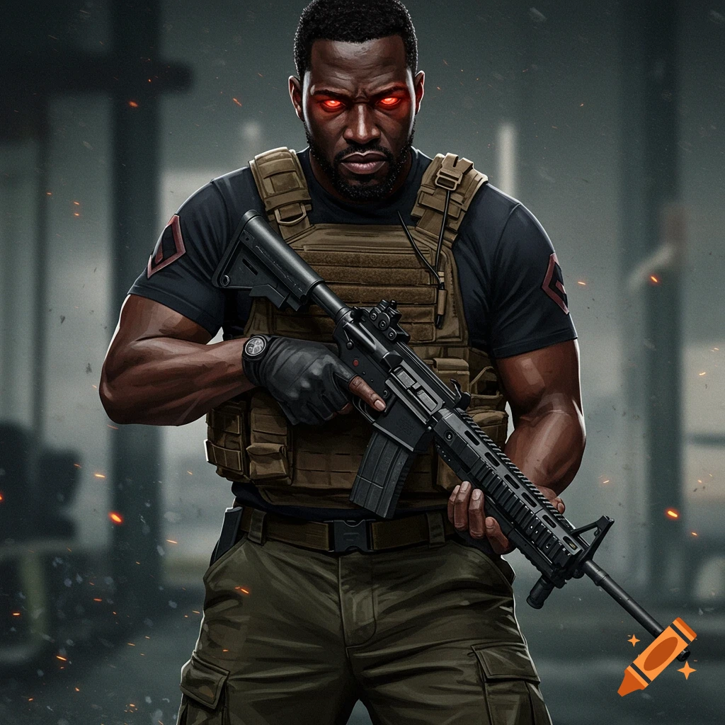 Illustration of a man with glowing red eyes in tactical gear holding a rifle.