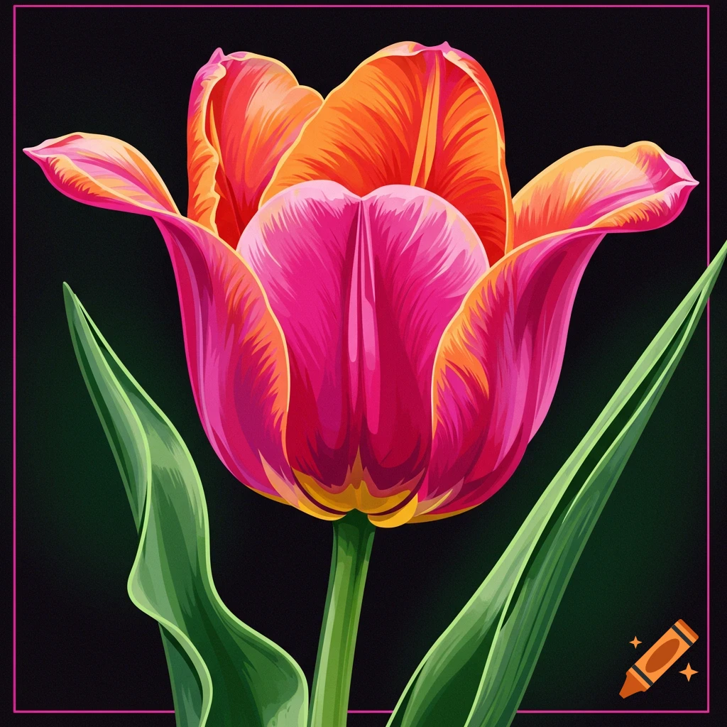 Abstract illustration of a pink and orange tulip on a dark background