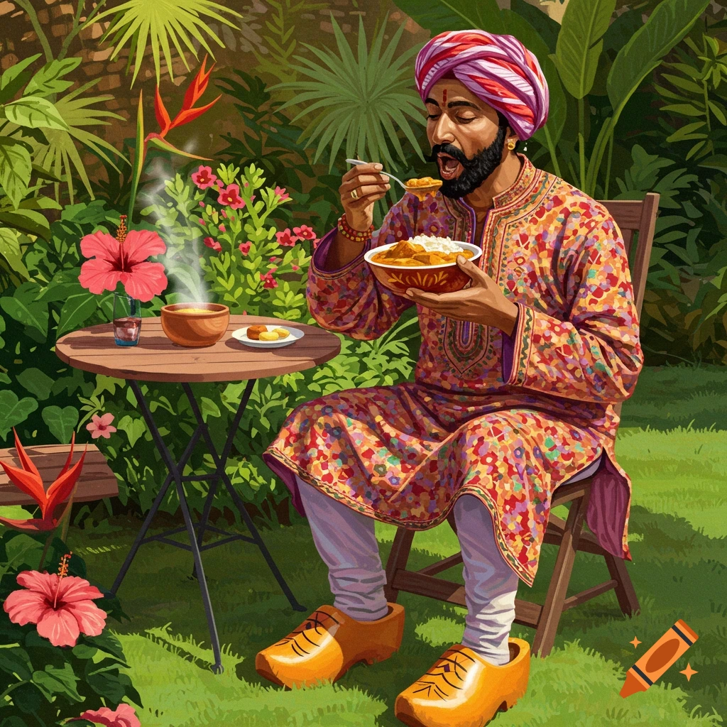 An East Indian man in a garden eats curry while wearing Dutch clogs. Illustrated style.