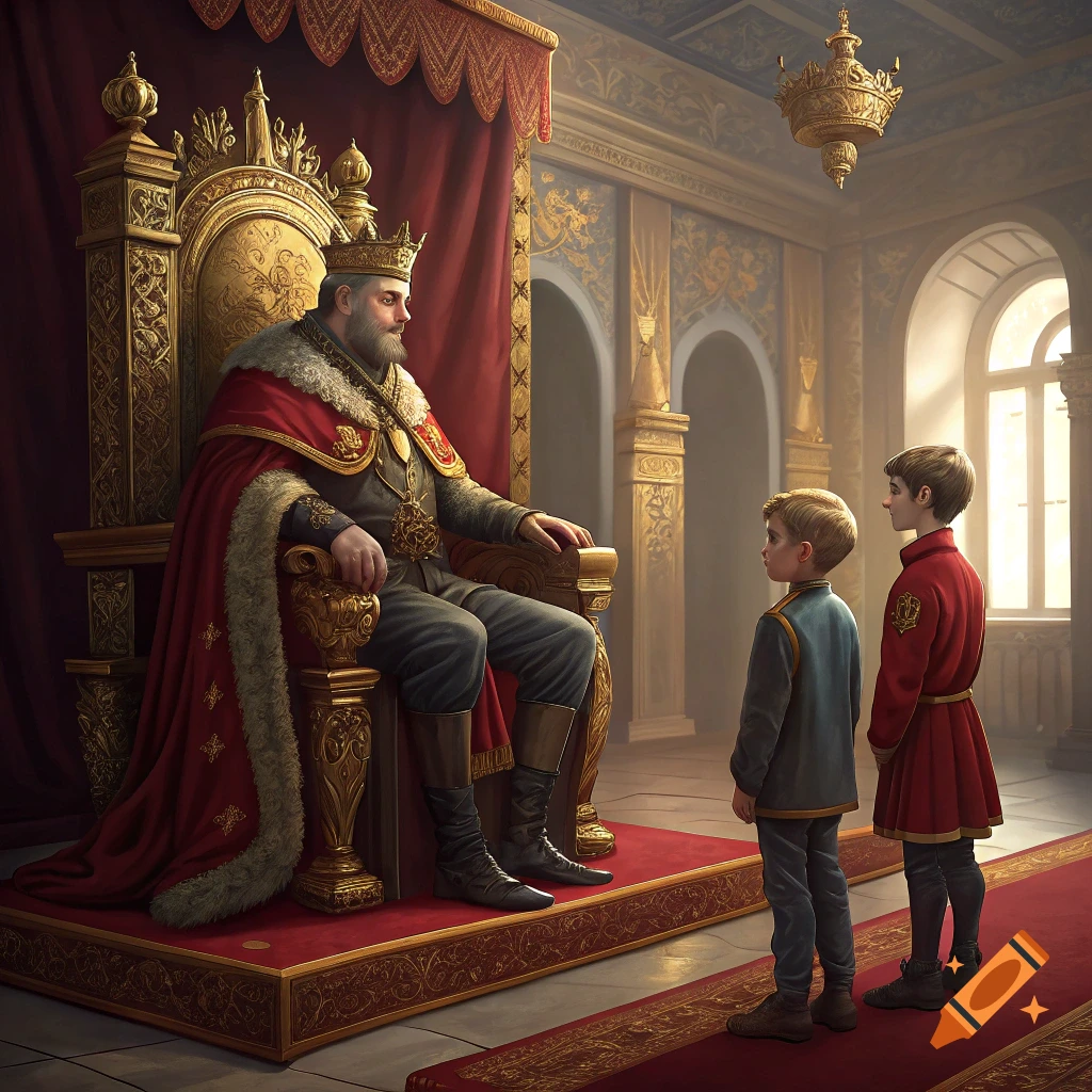 King on a golden throne speaks to two boys in a grand, ornate hall.