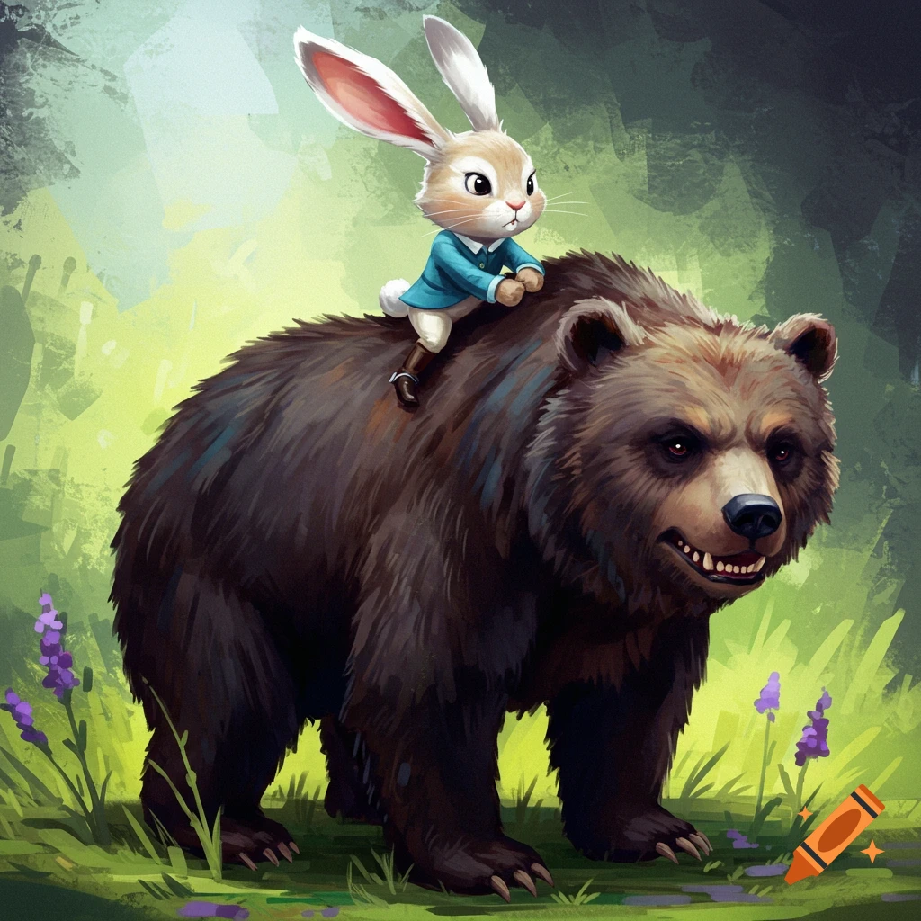 Cute bunny riding a creepy bear in a forest, digital illustration.