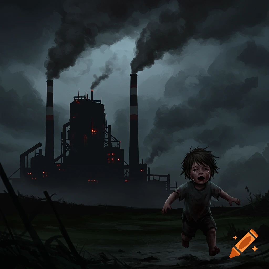 Child escaping a dark factory with smoke stacks, crying.