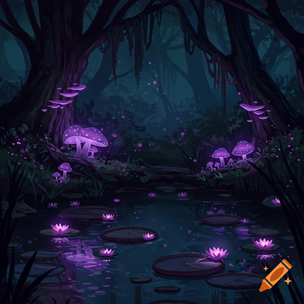 Dark enchanted forest pond with glowing purple mushrooms and lily pads.