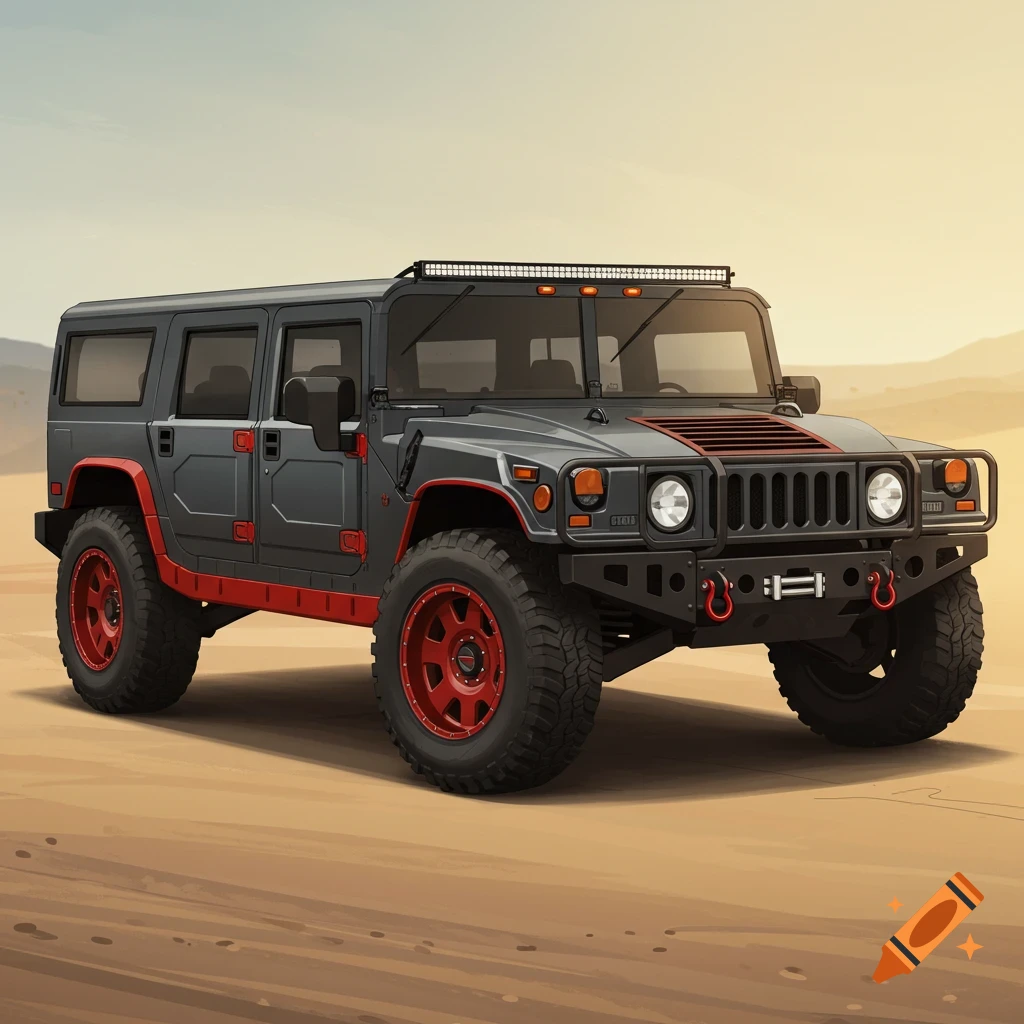 Dark grey Hummer H1 wagon with red accents drives on desert sand dunes. Illustration.