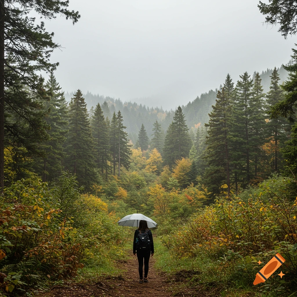 A person with an umbrella walks on a forest path in autumn.