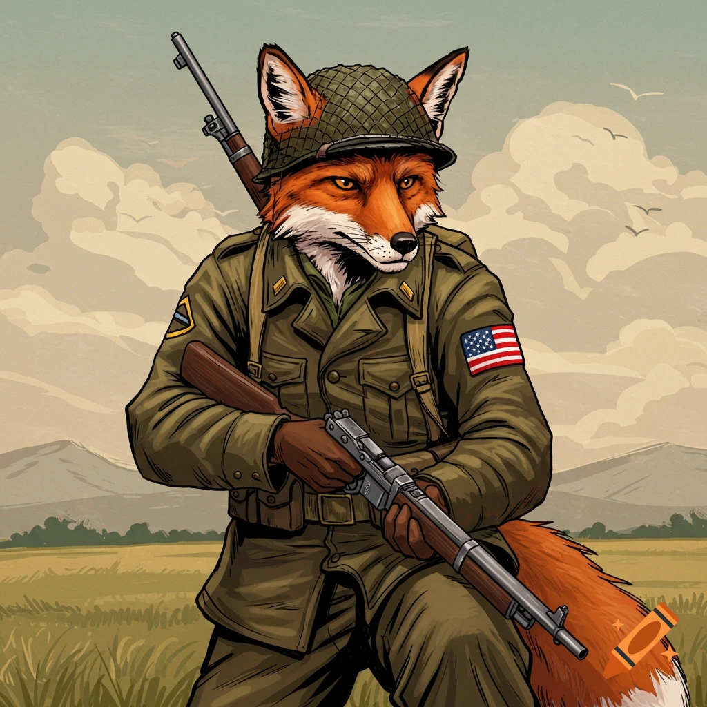 An illustrated anthropomorphic fox wearing a 1950s military uniform with a US flag patch, holding a rifle in a field.