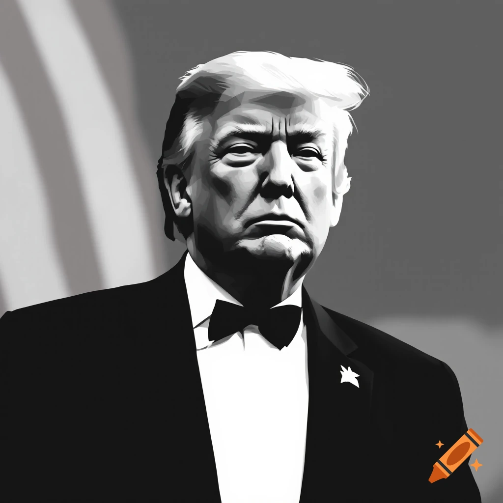 Black and white illustration of Donald Trump in a tuxedo.