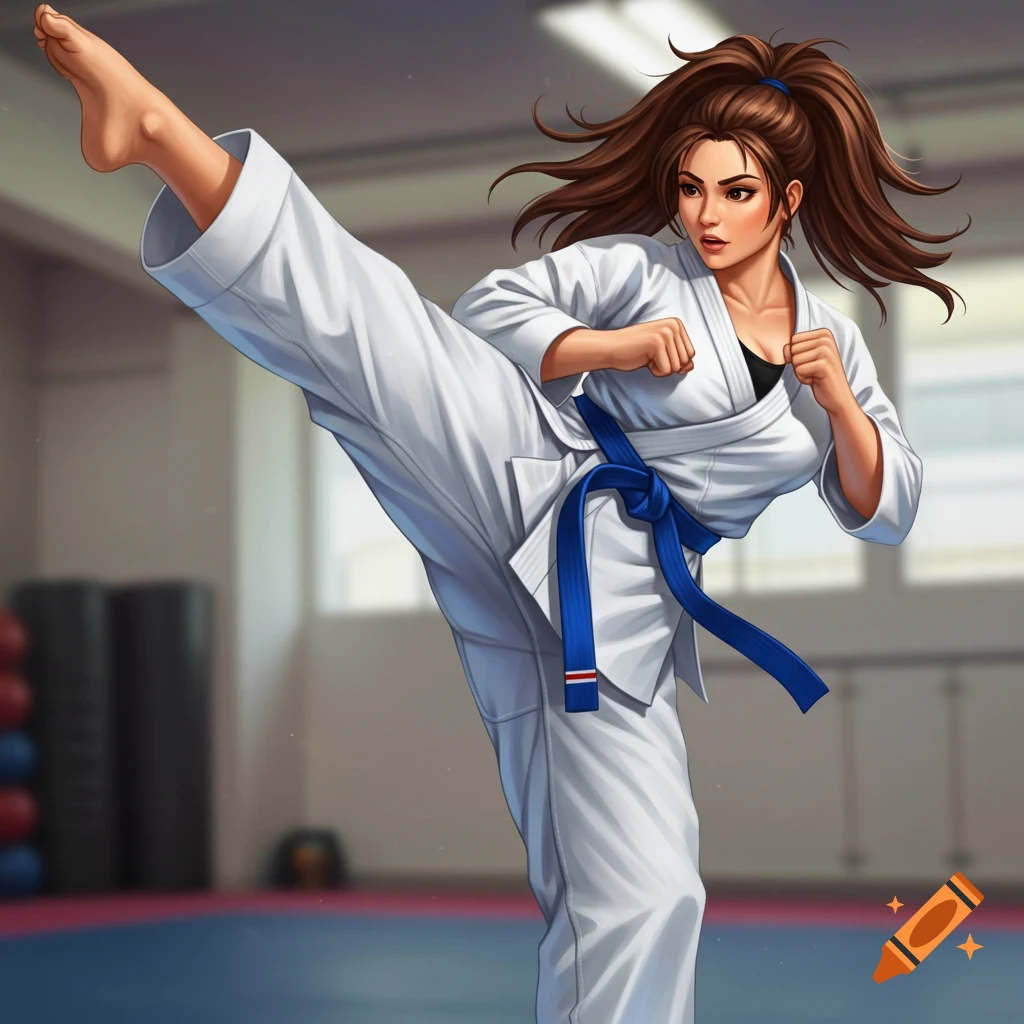 Illustration of a woman in a white karate gi doing a high kick in a dojo.