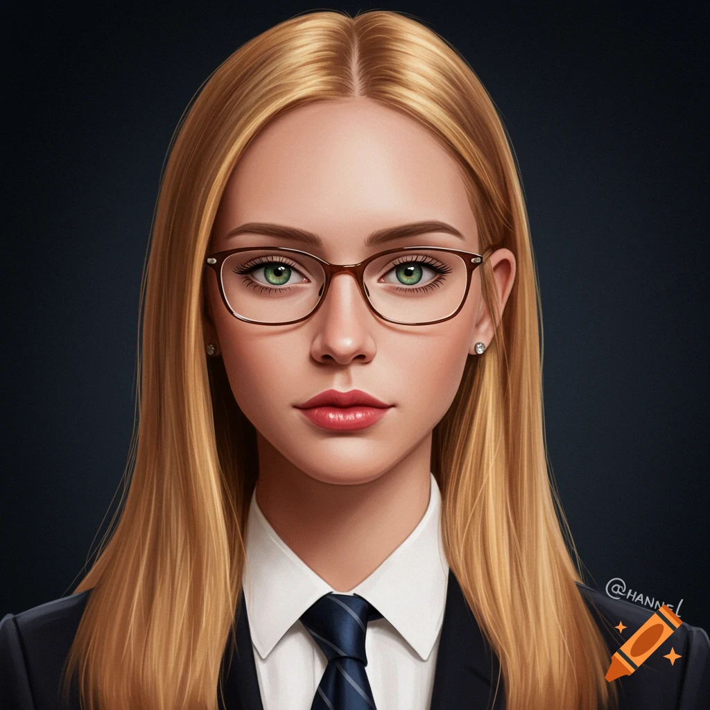 Illustrated portrait of a blonde woman in glasses, white shirt, tie, and jacket.