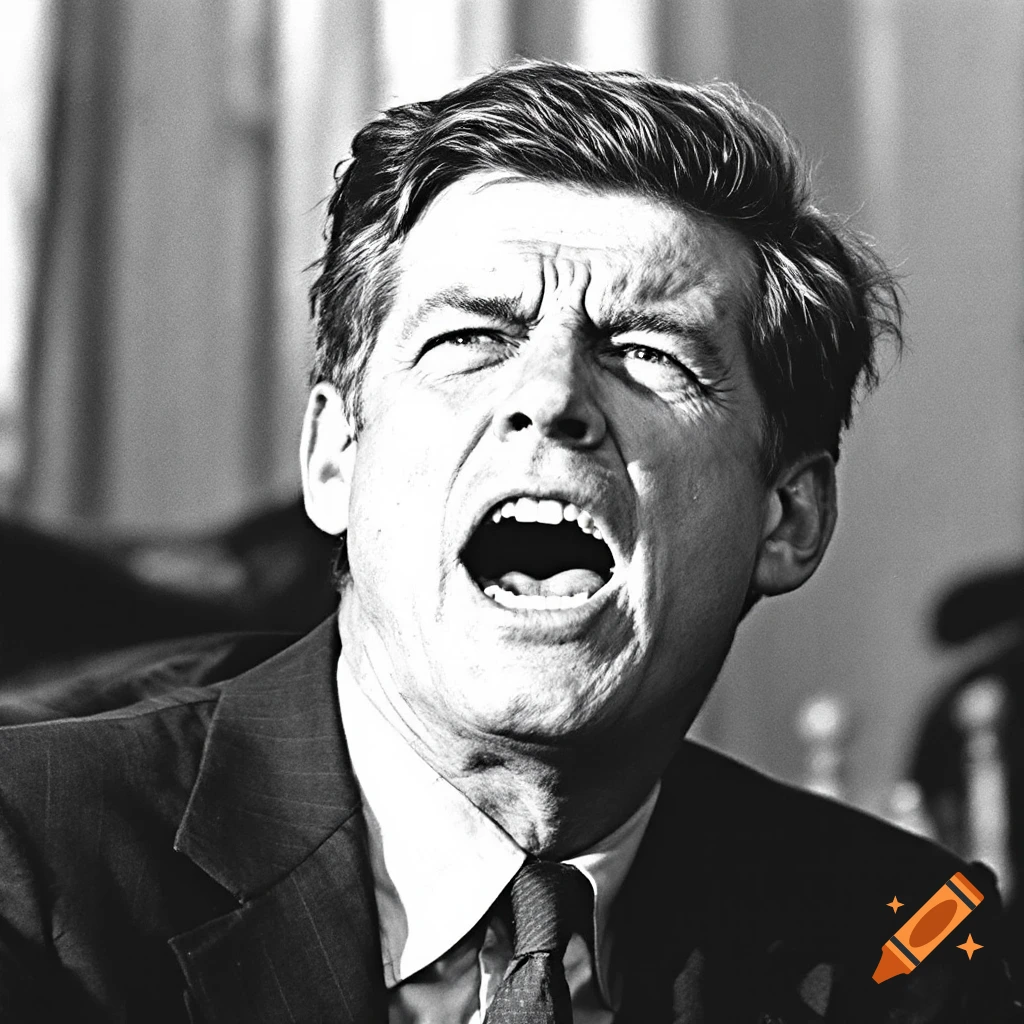 Black and white portrait of a man yelling.