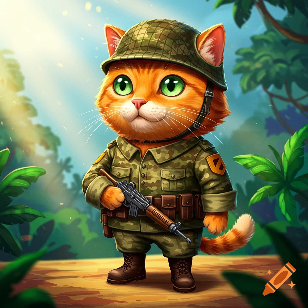 Cute orange cartoon cat in military uniform and helmet holding a rifle in a sunny jungle.
