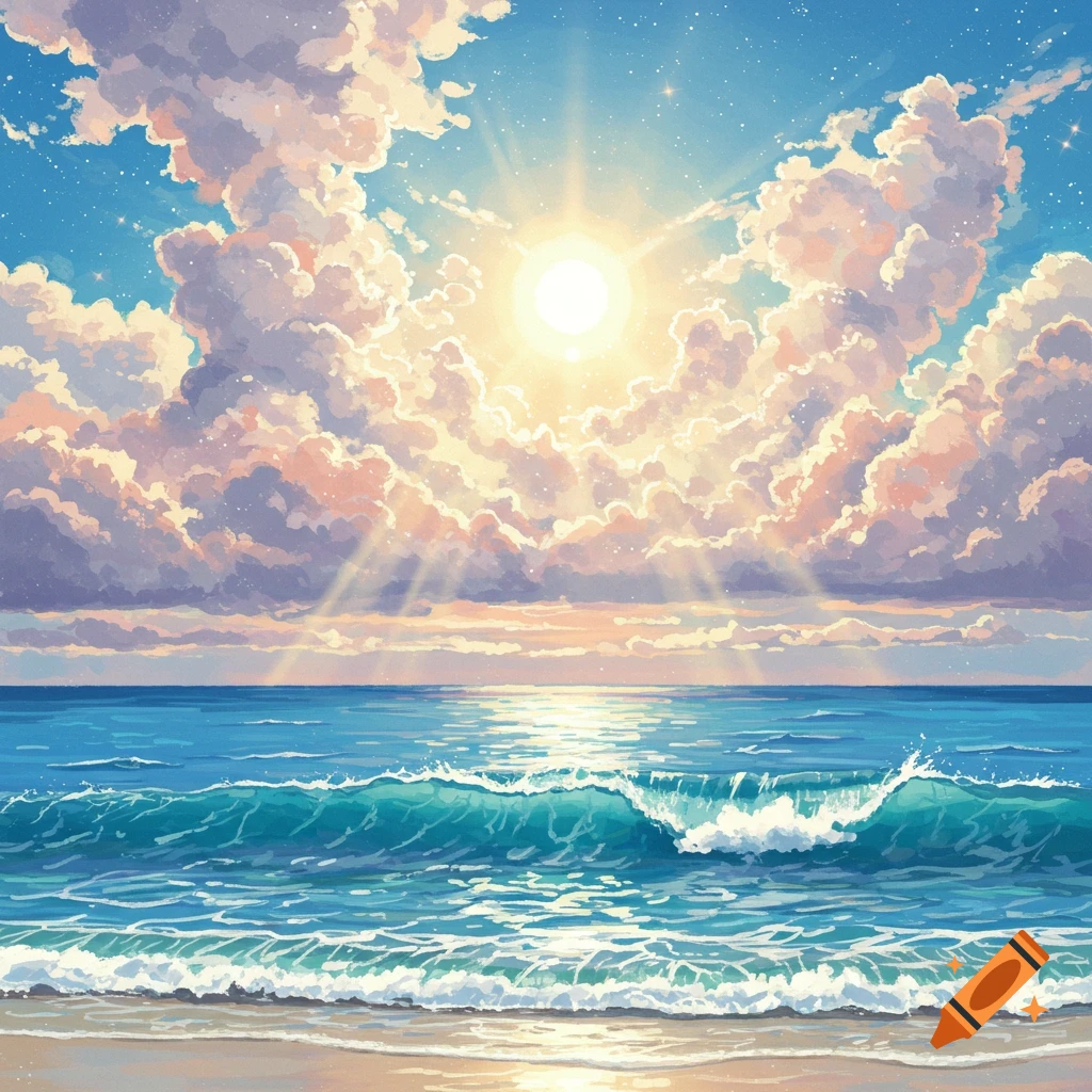 Bright sun shines over an ocean beach with waves and clouds.
