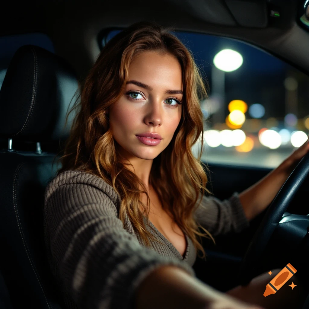 Photorealistic portrait of a woman sitting in a car at night.
