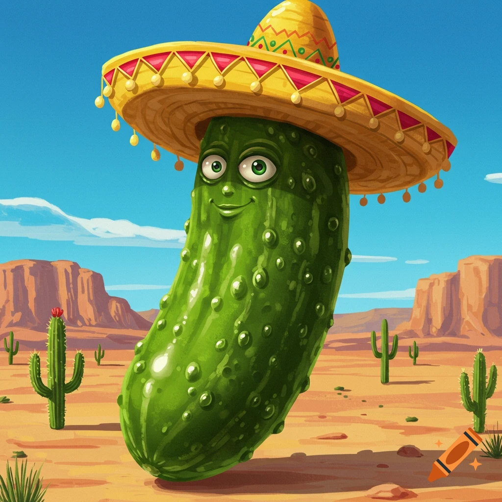 Pickle wearing a sombrero