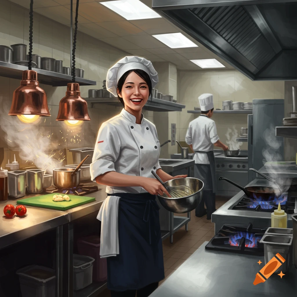 A female chef smiles while whisking in a bowl in a busy kitchen.