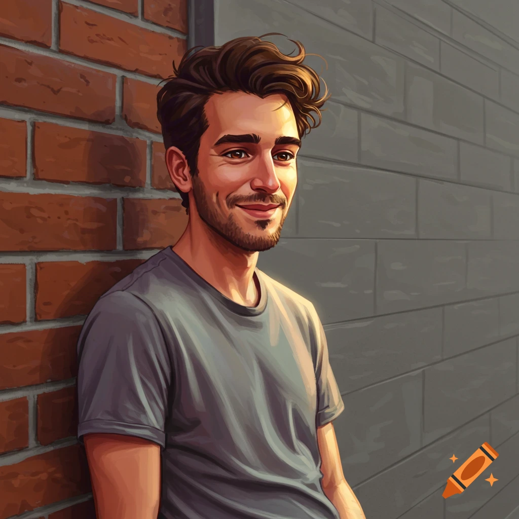 An illustration of a young man smiling and leaning against a brick wall.