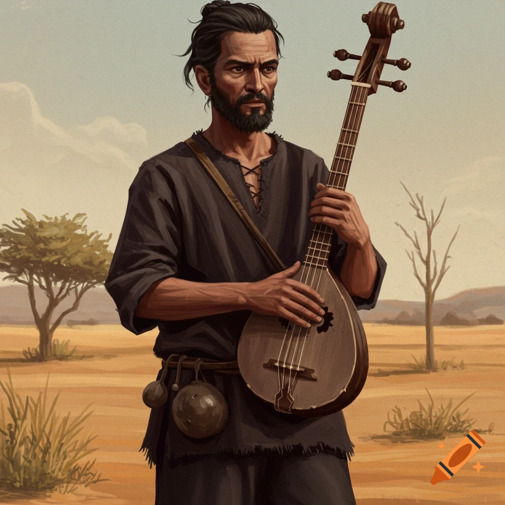 An illustration of a man in dark clothing holding a stringed instrument in a desert-like landscape.