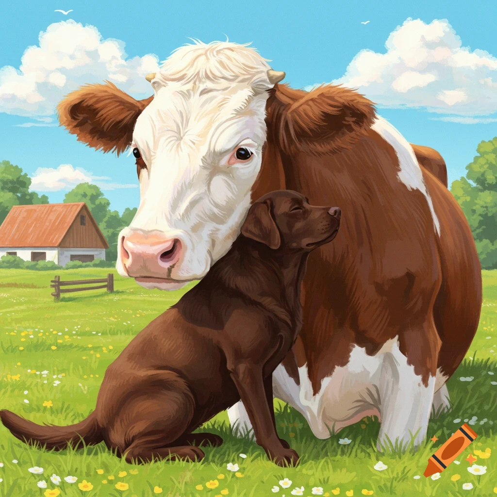 An illustration of a brown dog snuggling a cow in a grassy field with a barn.
