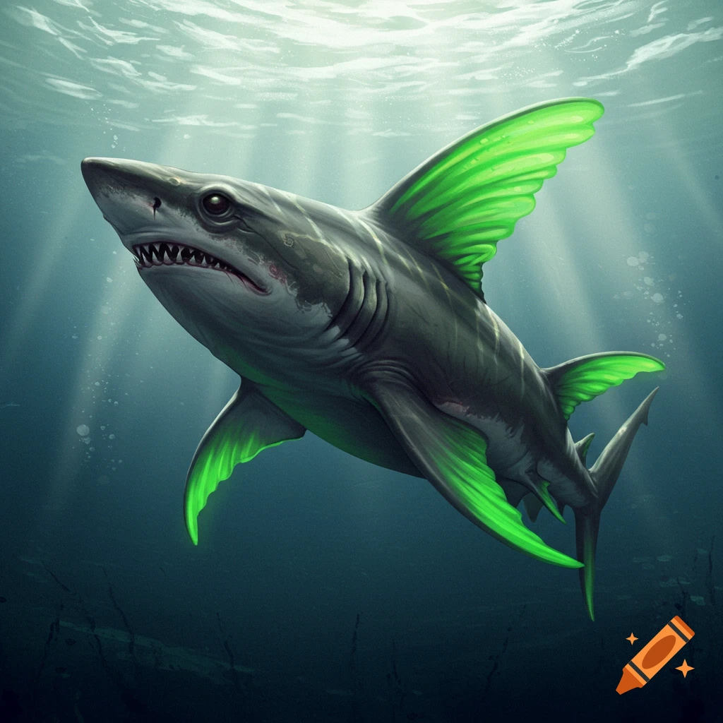 A shark with luminous green fins swims underwater with rays of sunlight piercing the surface.