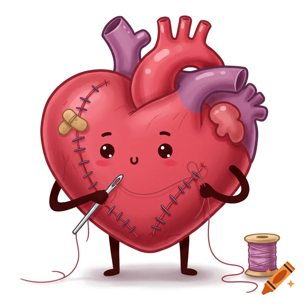 A cute cartoon heart with arms and legs sews a stitched wound on itself with a needle and thread. It has a bandage and rosy cheeks.