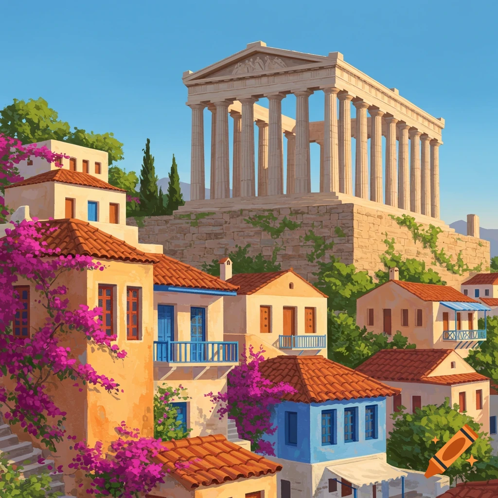 Illustration of a Greek temple on a hill overlooking a village with red roofs and pink flowers.