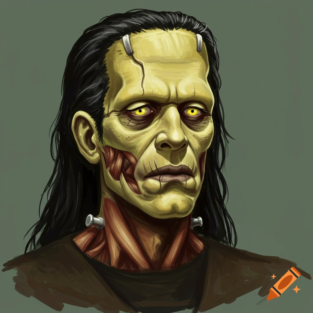 A bust-up illustration of Frankenstein's monster with yellow eyes and visible muscle tissue.