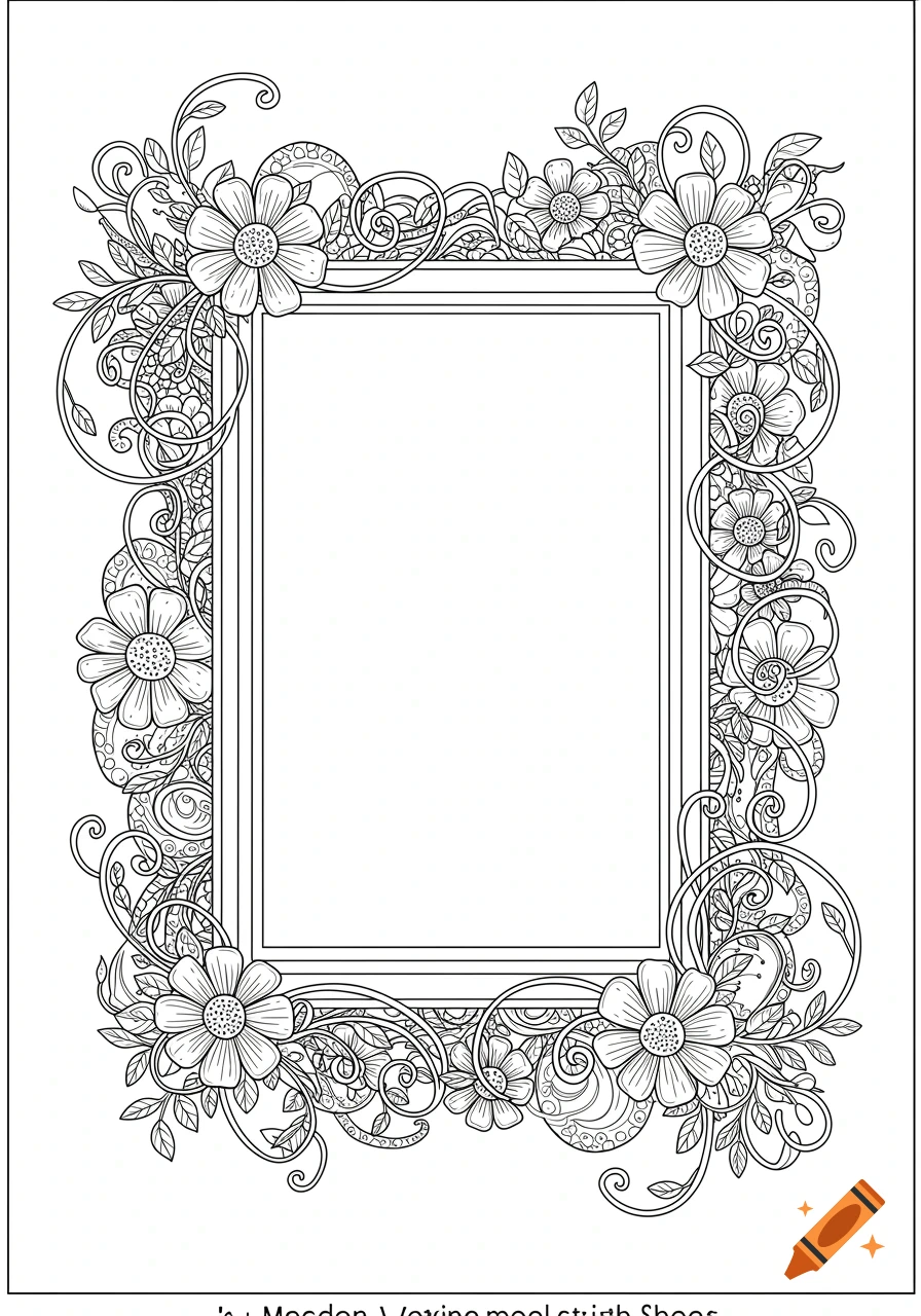 Ornate picture frame with flowers and vines coloring sheet