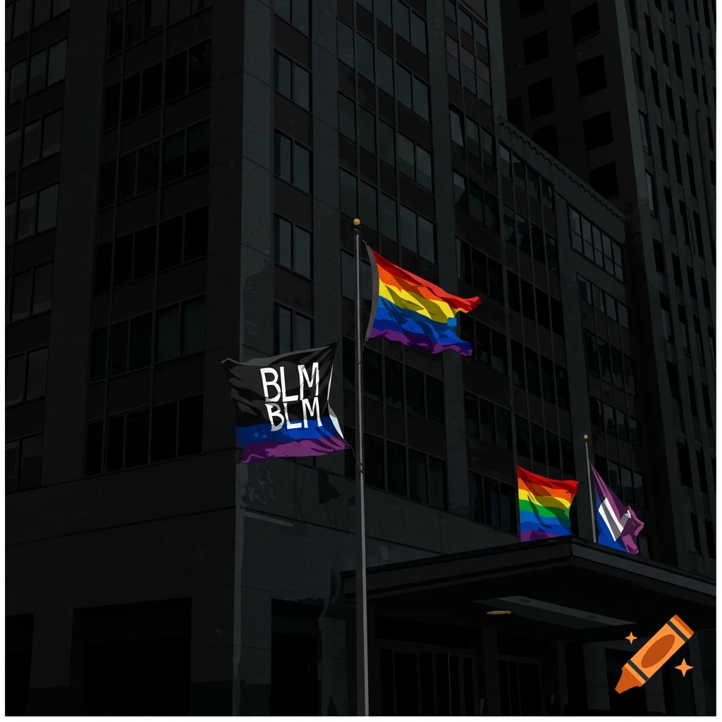 A dark building with Black Lives Matter and Pride flags flying outside.