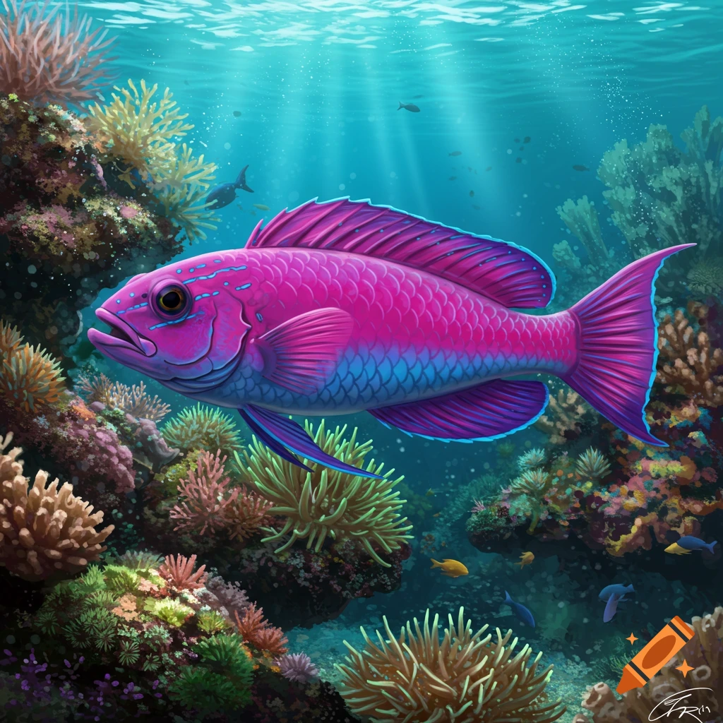 A bright pink and blue fish swims among vibrant coral reef.