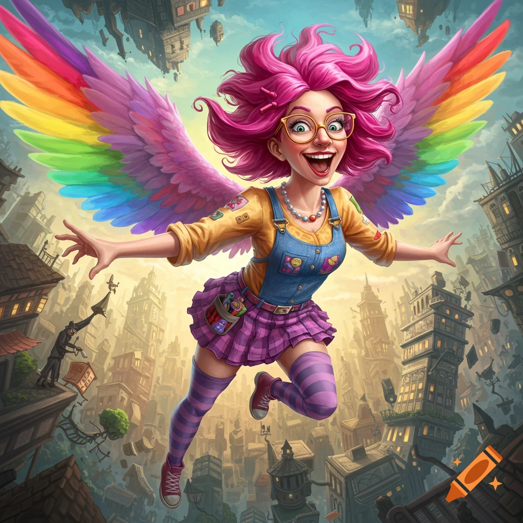 Cartoon girl with rainbow wings flies over a floating city.