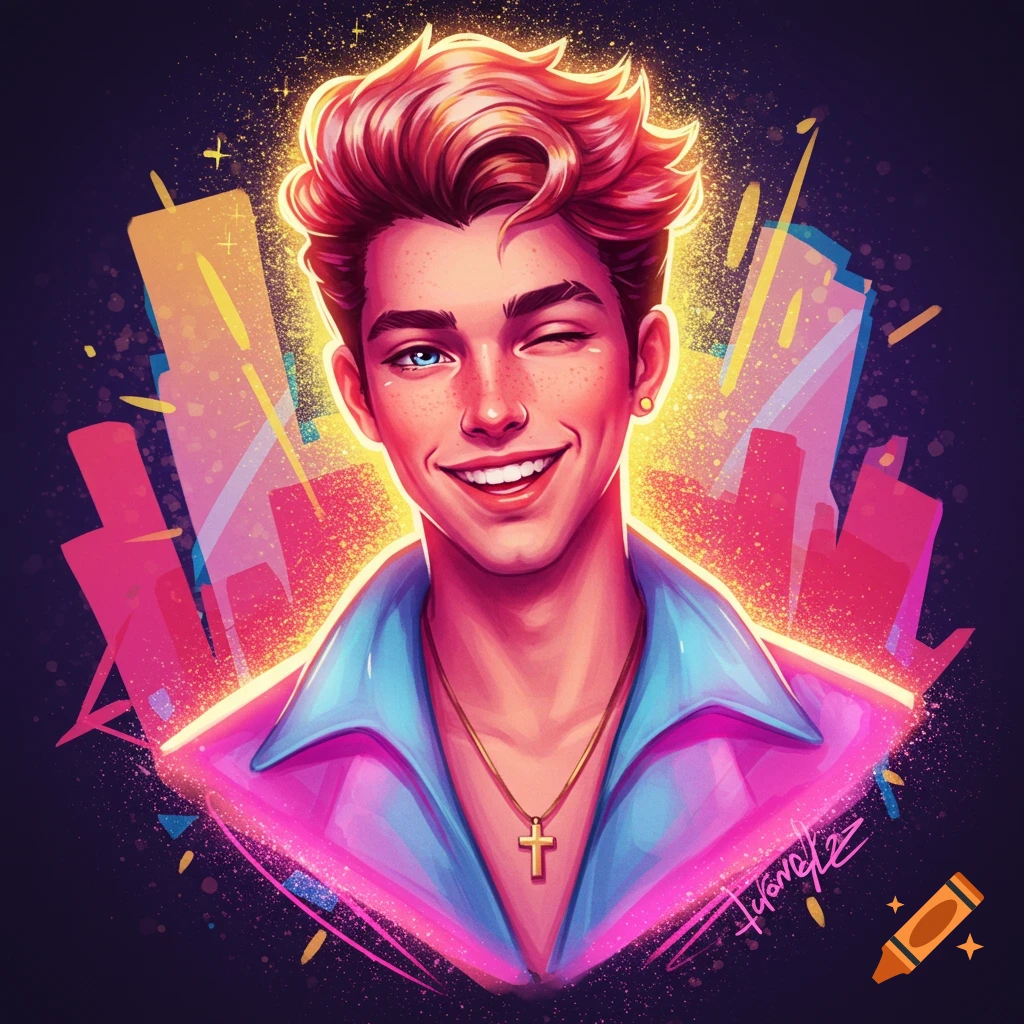 Stylized portrait of a winking young man with red hair and bright neon background.