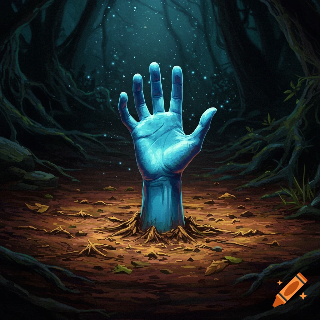 A blue hand reaches up from the ground in a dark forest with glowing particles.