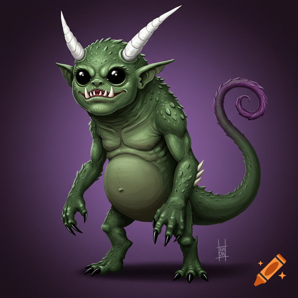 A cartoonish green monster with big black eyes, white horns, and a purple curly tail stands on a purple background.