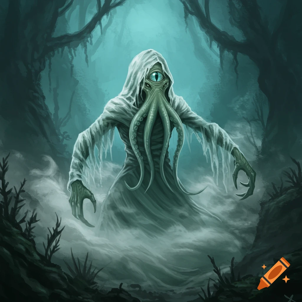 A tentacled, one-eyed creature in a misty cloak stands in a dark, misty forest.