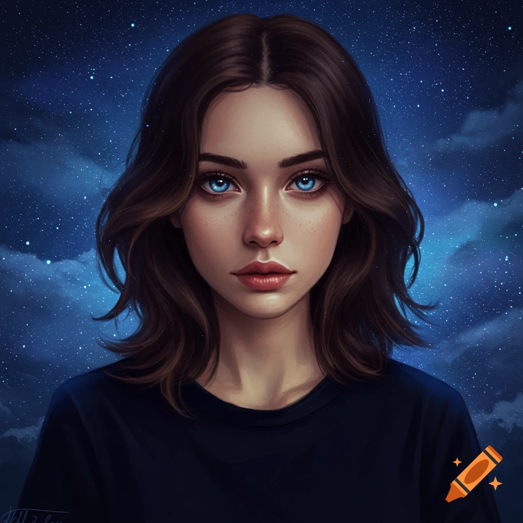 Digital art portrait of a young woman with blue eyes and brown hair against a starry night sky.