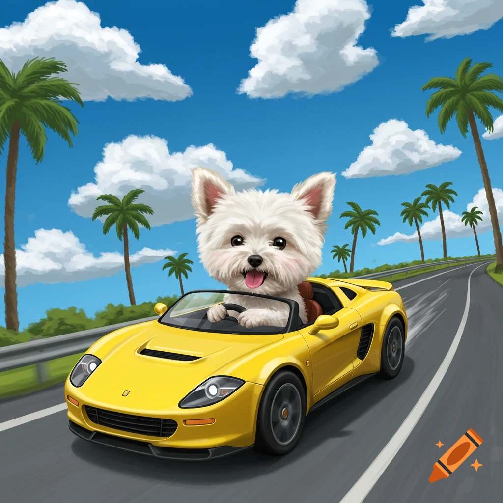 Cute white dog drives yellow convertible down a scenic road with palm trees. Illustration.