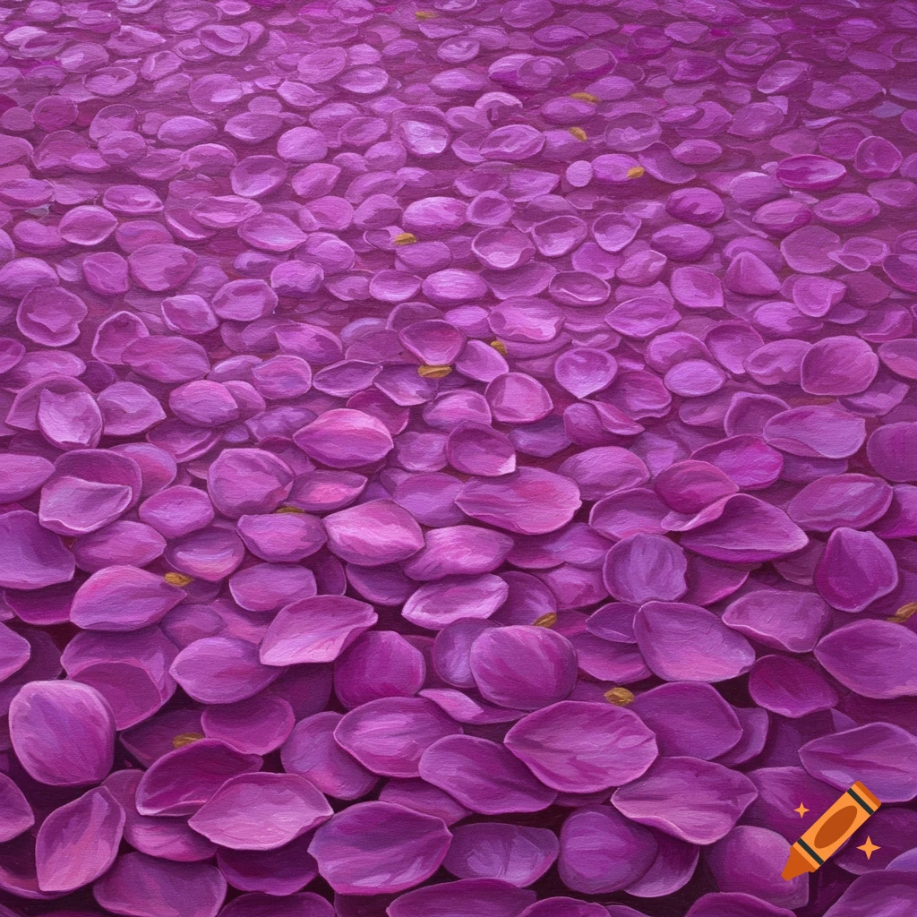 A close-up painting of many purple petals covering a surface.