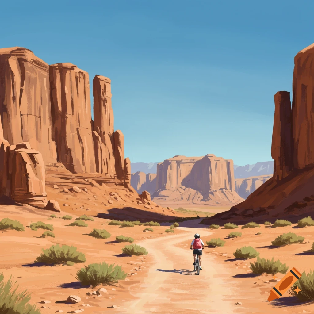 Illustration of a person cycling on a dirt path through a vast desert canyon landscape under a blue sky.