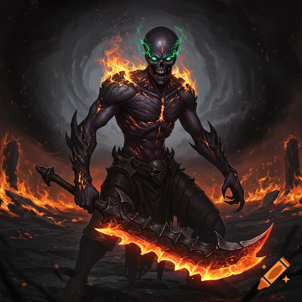 Dark fantasy illustration of a demonic creature with green eyes and flames holding a fiery scythe in a burning landscape.