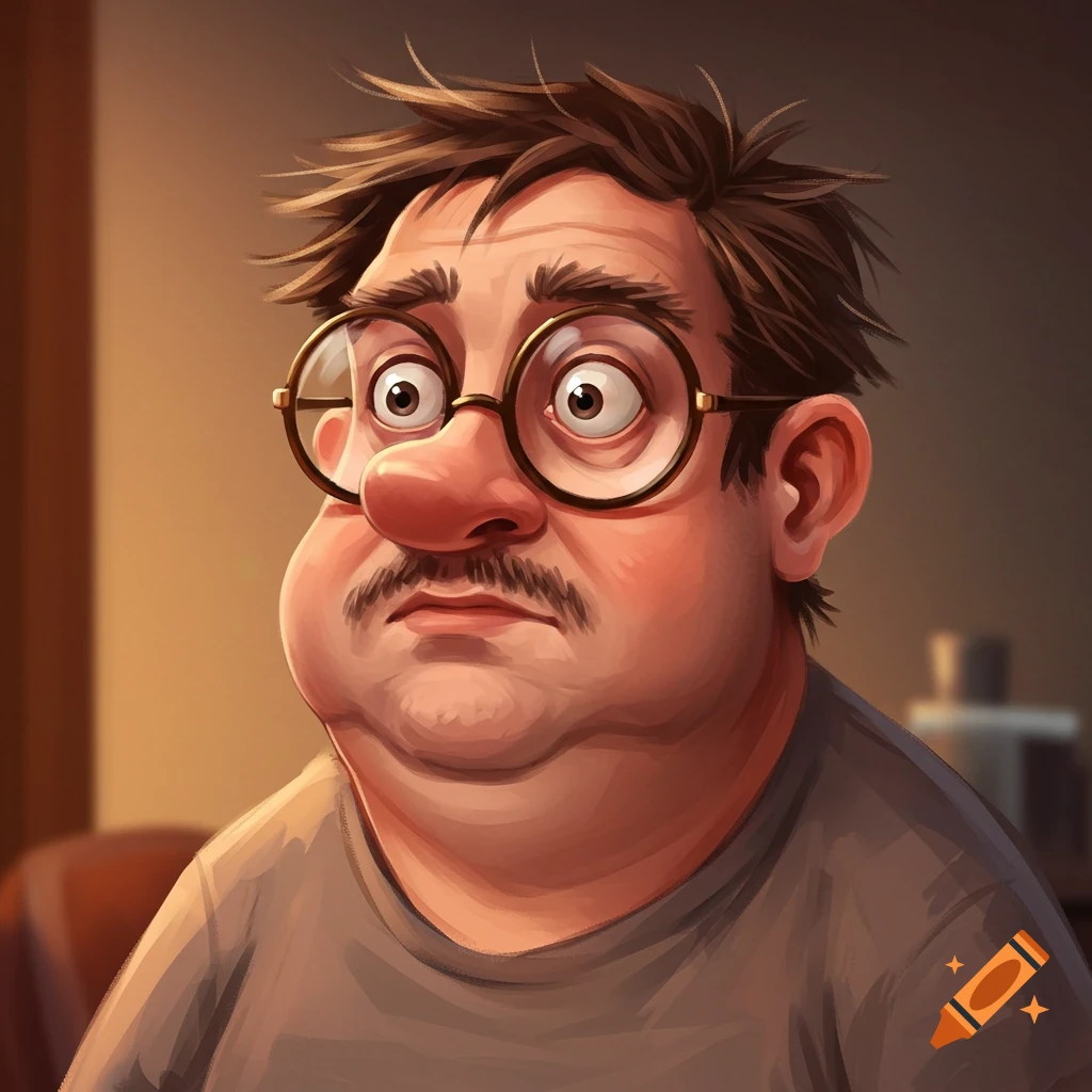 Cartoon portrait of a man with glasses and a mustache.